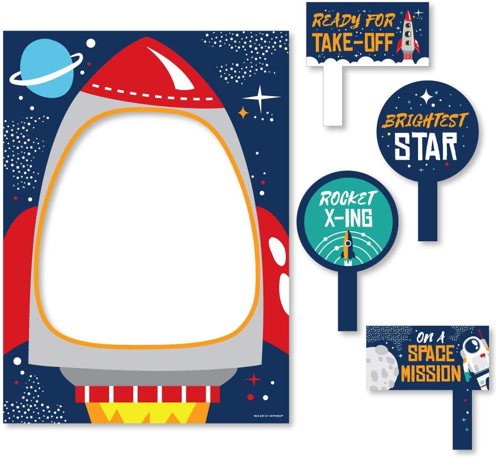 Big Dot of Happiness Blast Off to Outer Space - Rocket Ship Baby Shower or Birthday Party Selfie Photo Booth Picture Frame and Props - Printed on Sturdy Material