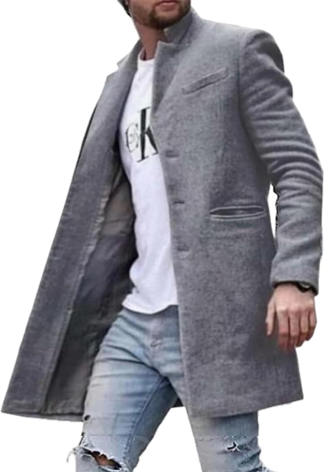 BIVENANT Fleece Jacket for Mens Vintage Print Trench Coat Button Down Single Breasted Slim Wool Blend Formal Pea Coats