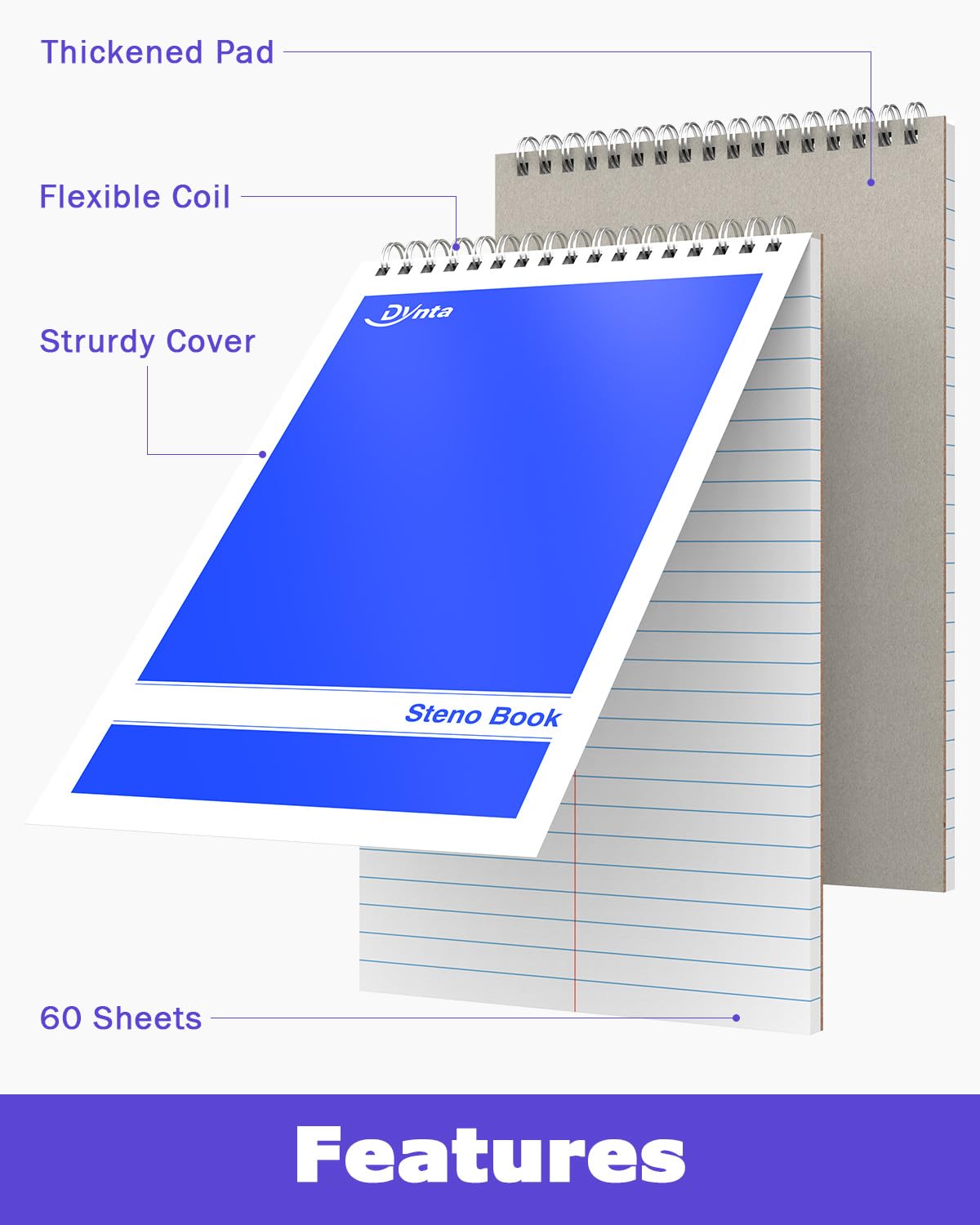 Dynta Steno Pads - Blocchi a spirale da 18 x 9, 60 fogli, 6 colori assortiti, carta da scrittura con regole Gregg, quaderni Steno per studenti, insegnanti, uomini, donne, professionisti