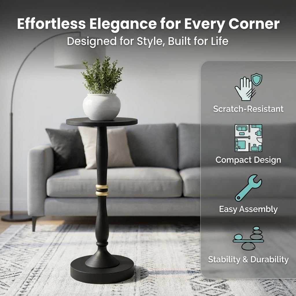 Relso Sceptrum Solid Wood Black Side Table - 24" Tall, Round End Table For Living Room Or Bedroom, Compact Narrow Accent Plant Stand Or Beverage Table With Simple Setup For Small Areas | Easy Assembly