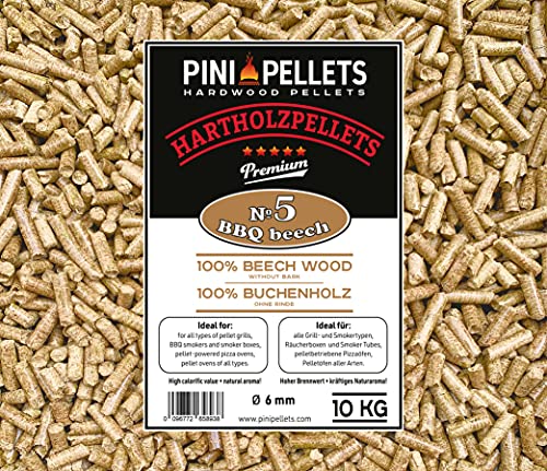 PINI Pellets de Bois Dur 100% Hêtre №5 BBQ BBQ Hêtre 10 Kg Grill Pellets pour Griller, Faire Fumer, également pour Les Fours à Pizza à granulés