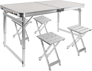 Carivia Folding Picnic Table with 4 Chairs,Portable Adjustable Aluminum Camping Table,Fold Up Suitcase Table for Indoor and Outdoor Dining Travel Camping Party BBQ