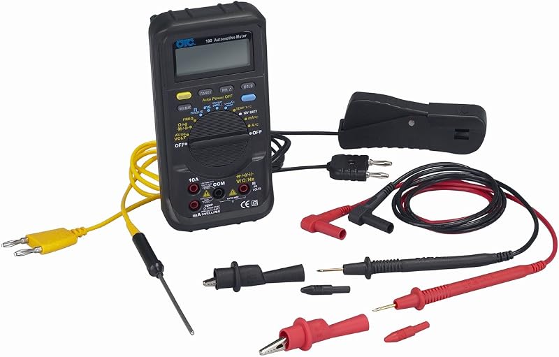Multímetro automotriz de rango automático serie 3505A 100 | Incluye multímetro, cables de prueba de alta resistencia con extremos de pinza de cocodrilo extraíbles, abrazadera de RPM inductiva y sonda de temperatura.
