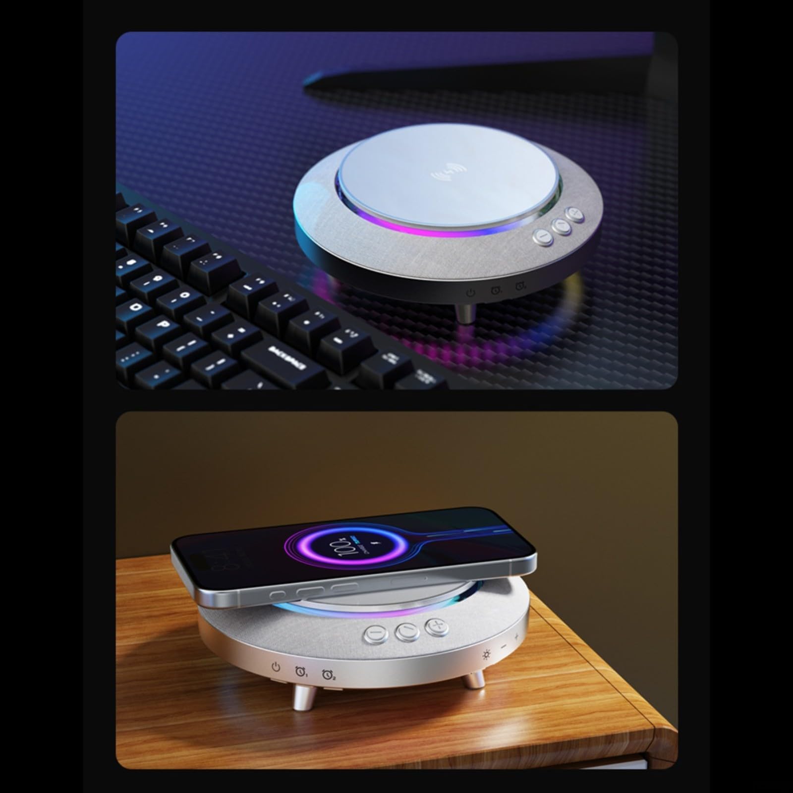 Altavoz portátil de 15 W con almohadilla de carga inalámbrica, graves BT 5.3, luz nocturna LED para viajes en casa, gris