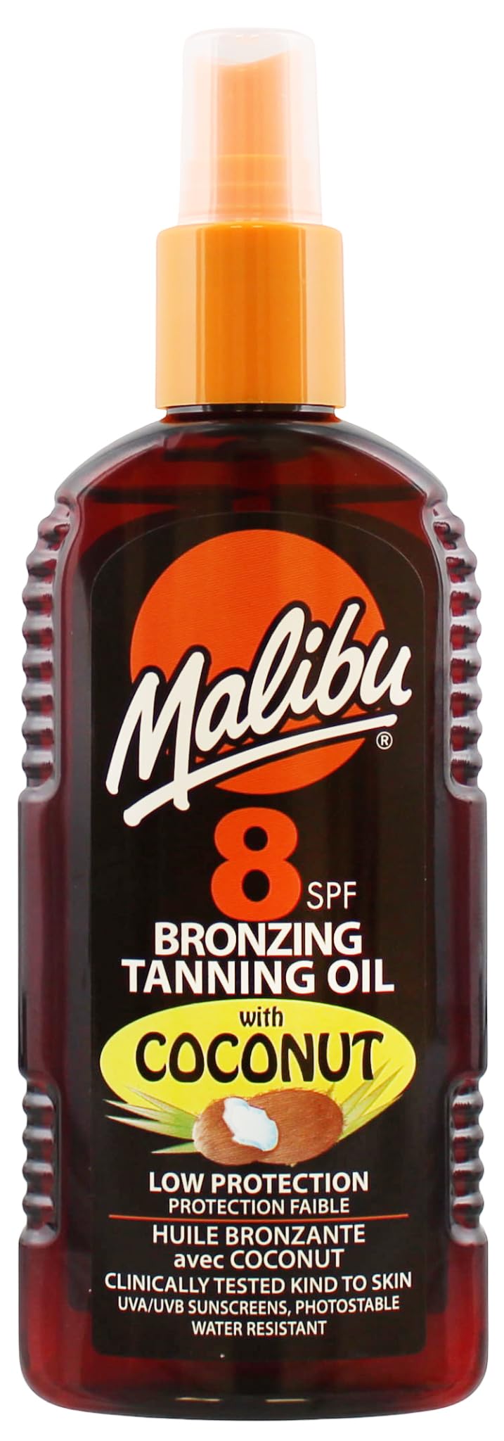 Malibu Sun SPF 8 Olio abbronzante abbronzante, resistente all'acqua, profumo di cocco, 200 ml