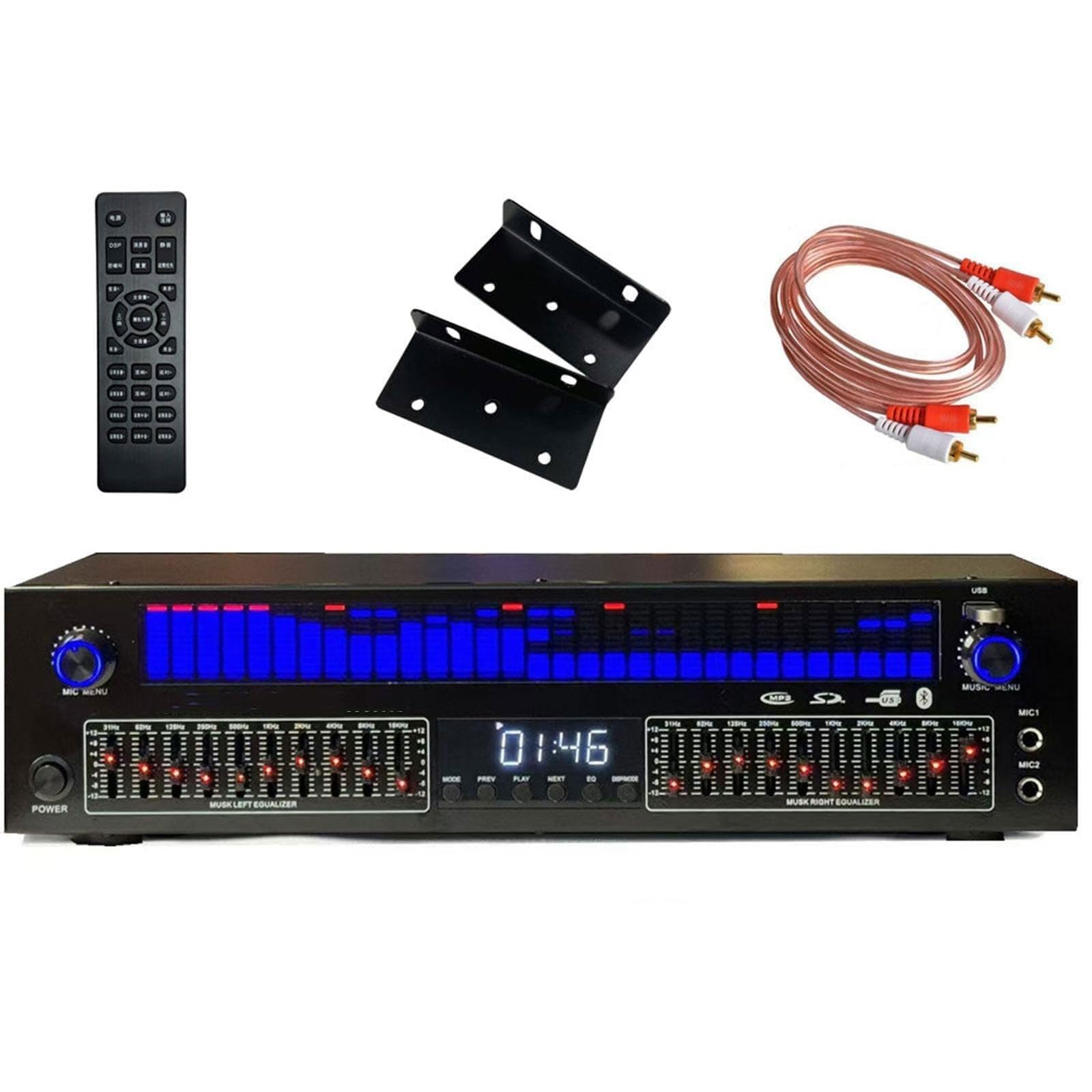 Ecualizador gráfico digital estéreo de 31 bandas con Bluetooth, analizador LED, 12 patrones de ritmo, decodificador de audio digital, reducción de ruido para cine en casa y estudio de grabación
