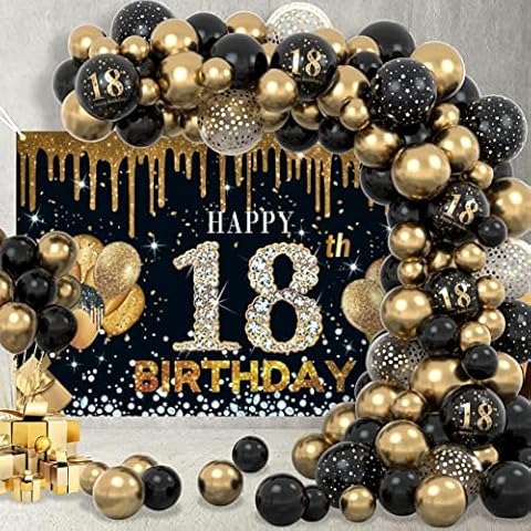 18th Birthday Decoration Boys Banner, Extra Large 18th Birthday Black Gold Banner Poster and Black Gold Balloons Confetti Balloons, 18th Birthday Boys Girls Birthday Decoration Party Decoration Cover