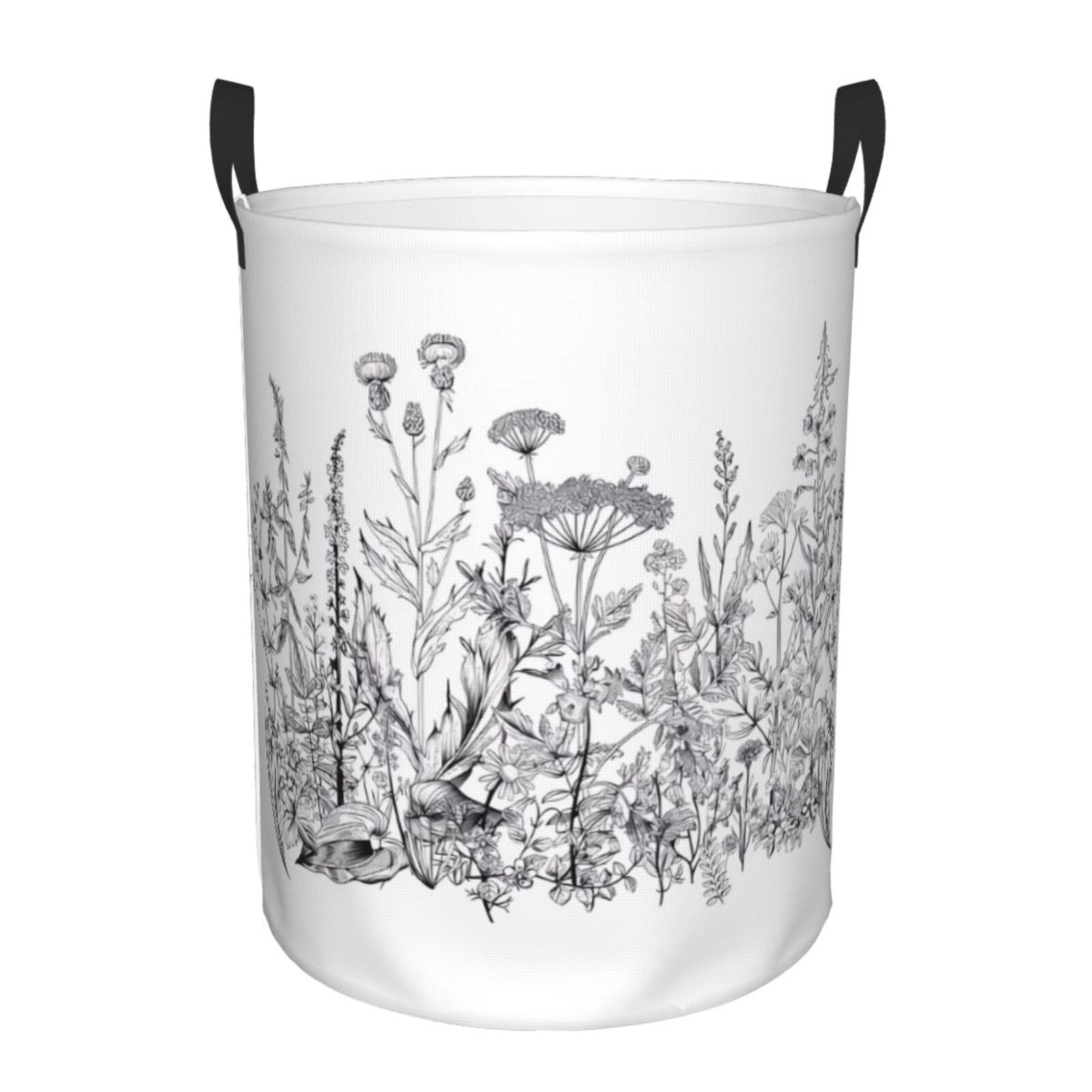 S Circular Hamper Black and White Flowers Print for Dirty Clothes