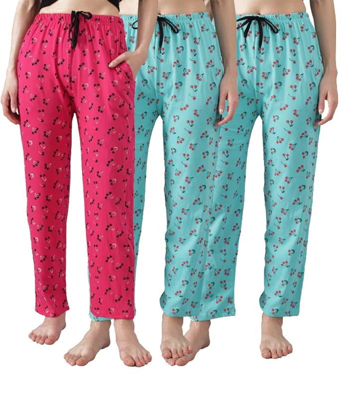 Image of Women's Cotton Pyjama, Drawstring Waist with Pockets, Soft Comfortable Sleepwear - (Pack of 3)