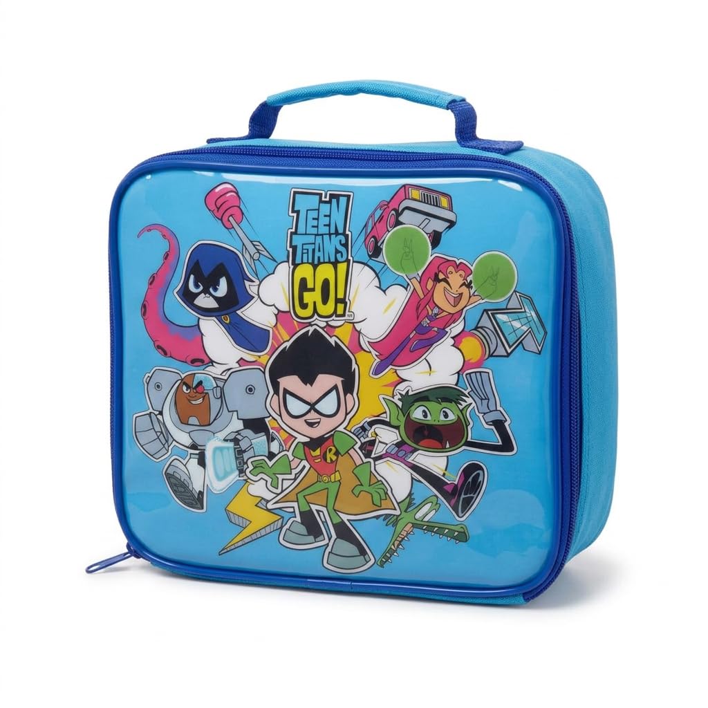 HOX Teen Titans Go! Insulated Lunch Bag for Kids – Robin, Starfire, Raven, Beast Boy & Cyborg – Thermal Lunchbox with Zip Closure & Carry Handle, BPA Free, Blue School Lunch Bag 23cm