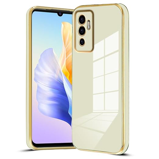 6D Chrome Back Cover Case for Vivo V23e 5G | (Gold Plated Frame | Glossy Backside -Off White)