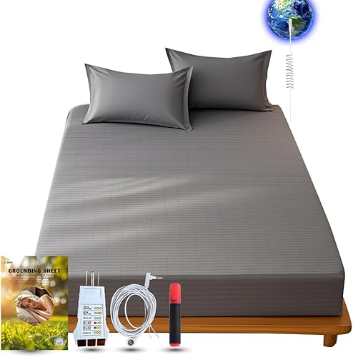 Sábanas Earthing Grounding tamaño Queen (gris), algodón y fibra plateada para mejorar el sueño y el bienestar (gris, Queen (60 x 80 x 15 pulgadas)