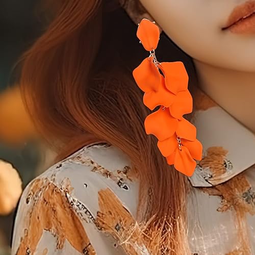 Rbenxia 1 Pair of Orange Long Acrylic Rose Petal Dangle Earrings Rose Flower Earrings Drop Statement Layered Floral Petal Earrings for Women and Girls