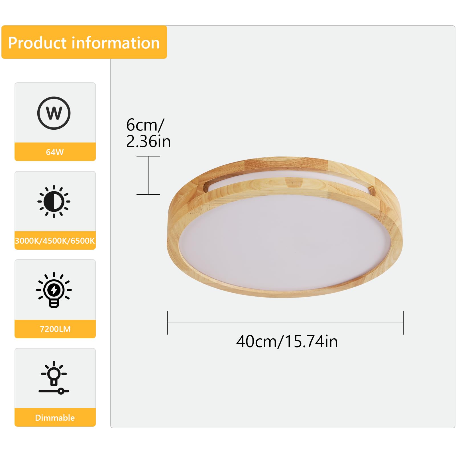 Riserva Lámpara de Techo LED Madera 64W, Regulable, 3000K-6500K, 40cm | Plafon LED Techo Redondo con Mando para Dormitorio, Salón, Cocina, Comedor, Balcón, Pasillo
