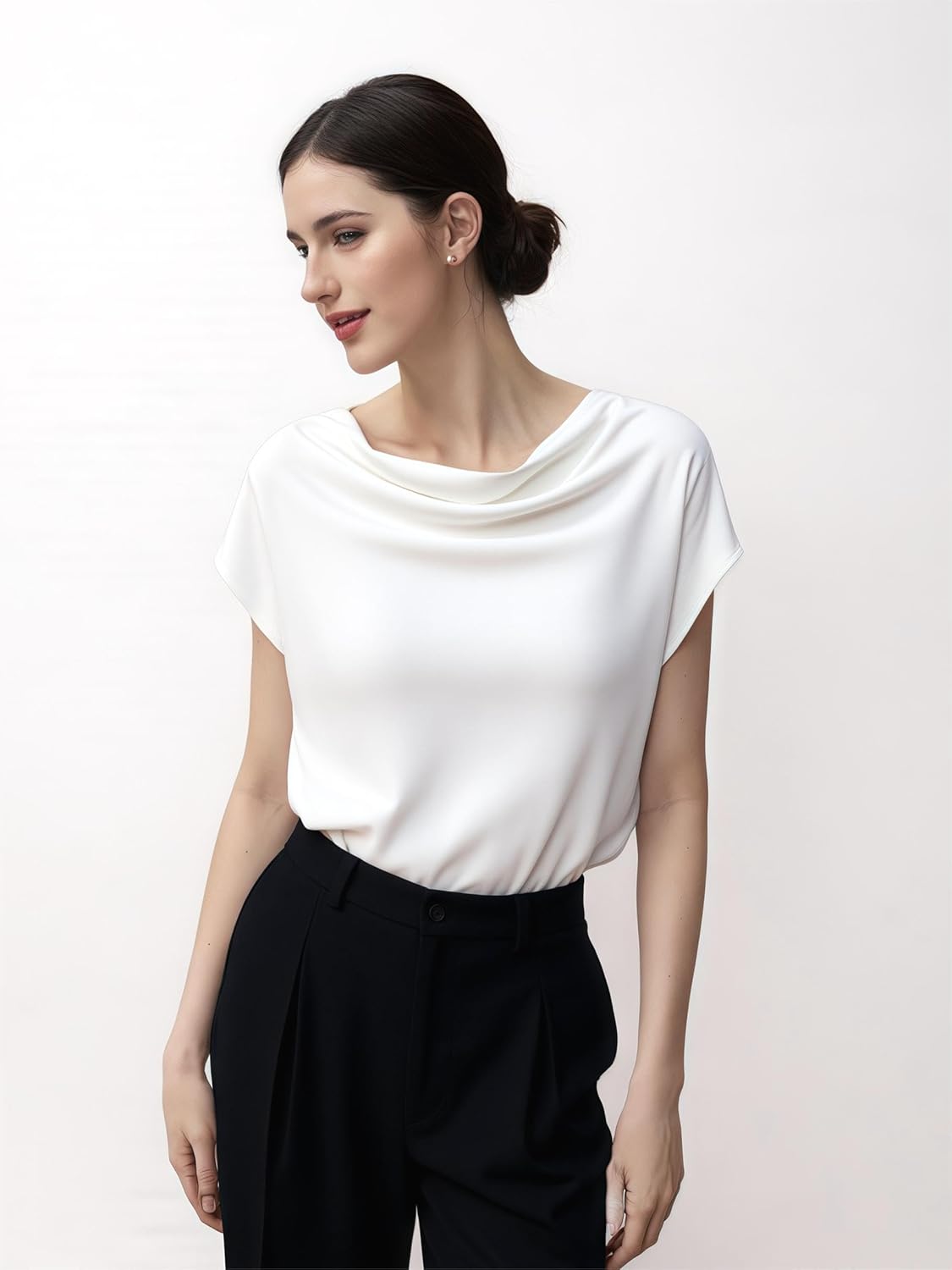 Mettclasi Women's Silk Satin Cowl Neck Short Sleeve Top, Elegant Dressy Casual Summer Blouse Shirt Solid T-Shirt - Image 5