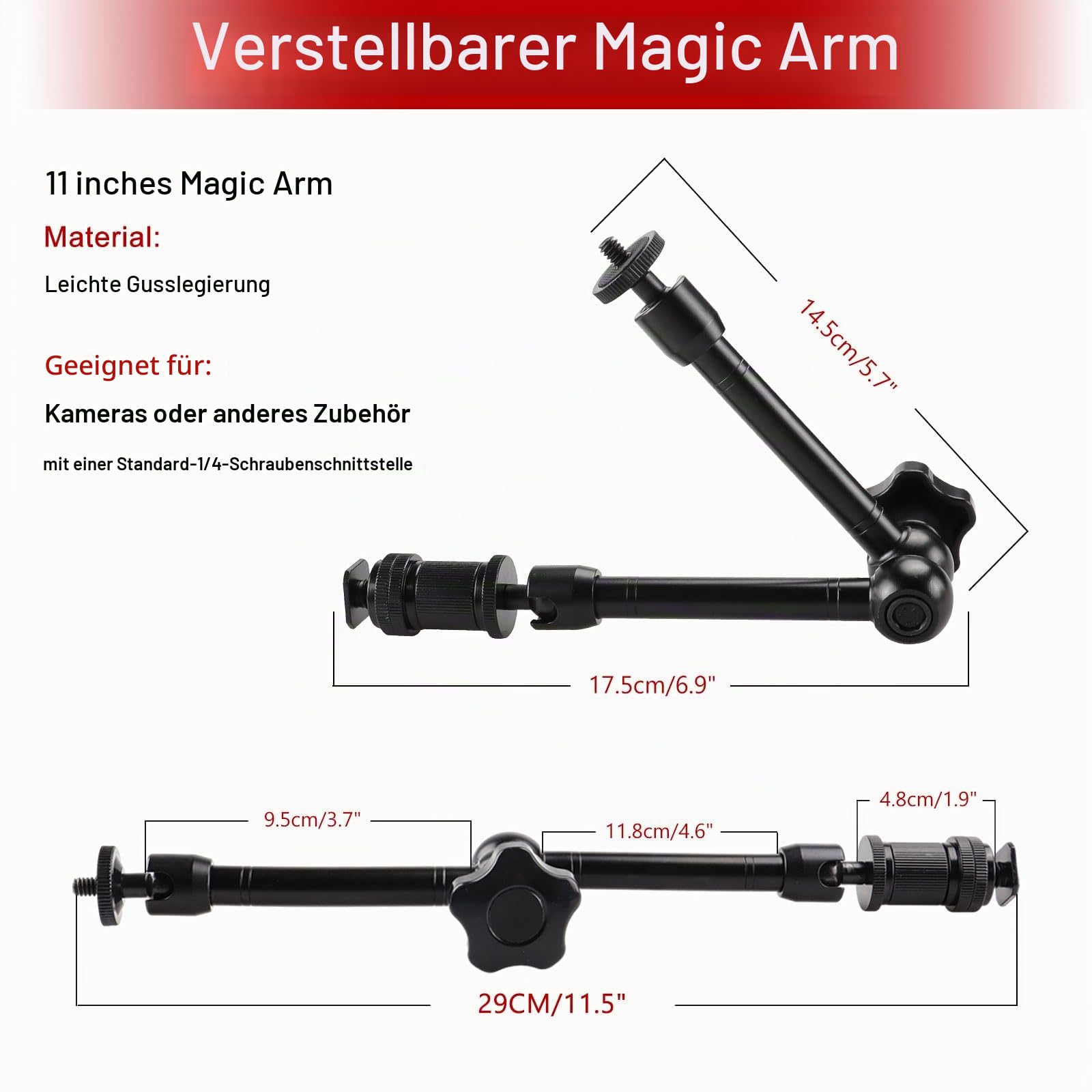 11 Zoll Verstellbarer Magic Arm mit Superklemme, 360° Kugelköpfe, Gelenkiger Magic Arm mit 1/4" und 3/8" Gewindebohrungen für Stativ, Monitor, Kamera