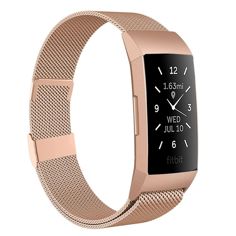 Moydolo Compatible with Fitbit Charge 3 Strap/Fitbit Charge 4 Strap, Men Women Stainless Steel Metal Adjustable Magnetic Loop Mesh Replacement Band for Charge3/Charge 4/Charge 3 SE, Small Rose Gold