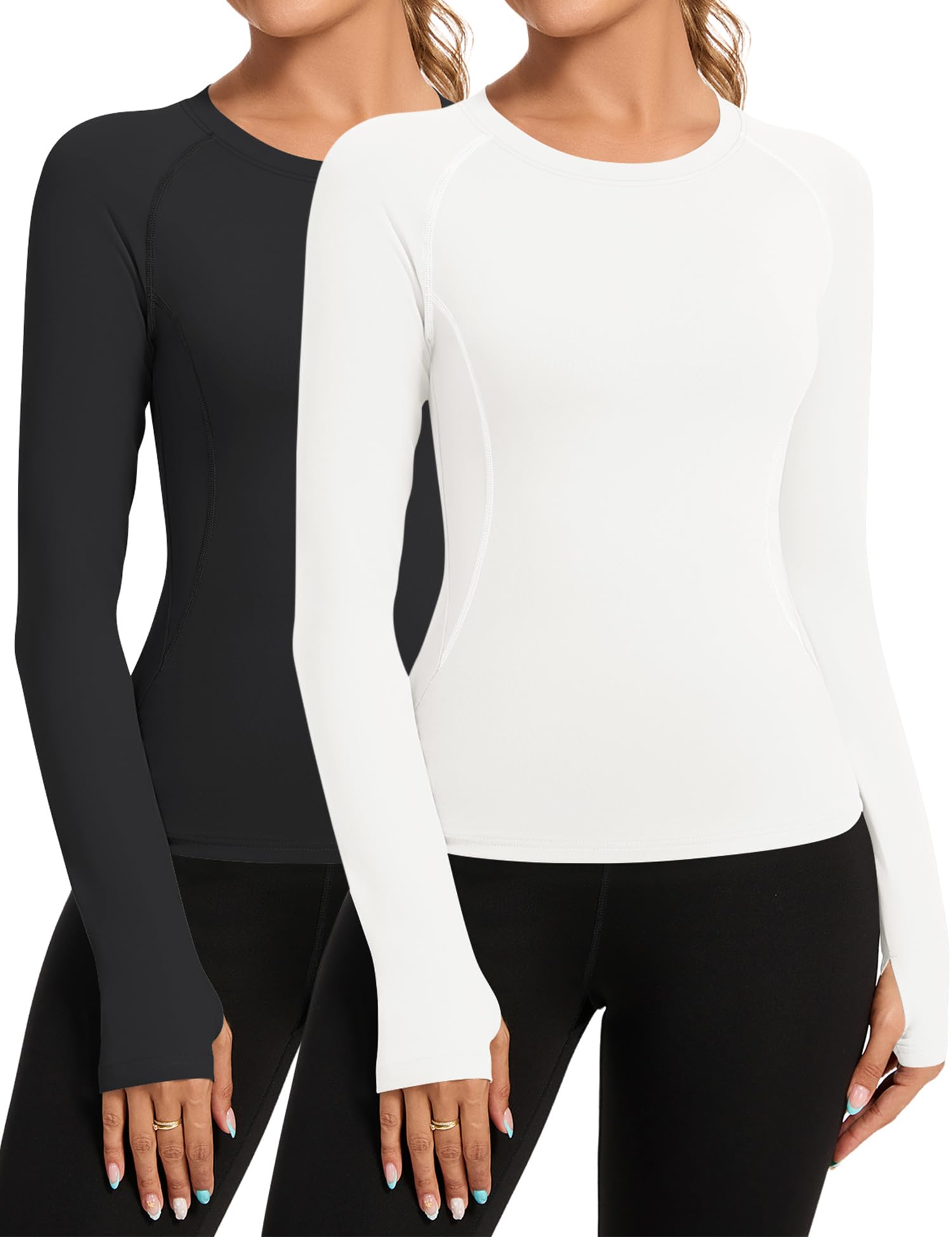 Loovoo Workout Tops for Women 1 2 Pack Long Sleeve Athletic Shirts with Thumb Holes Breathable Quick Dry