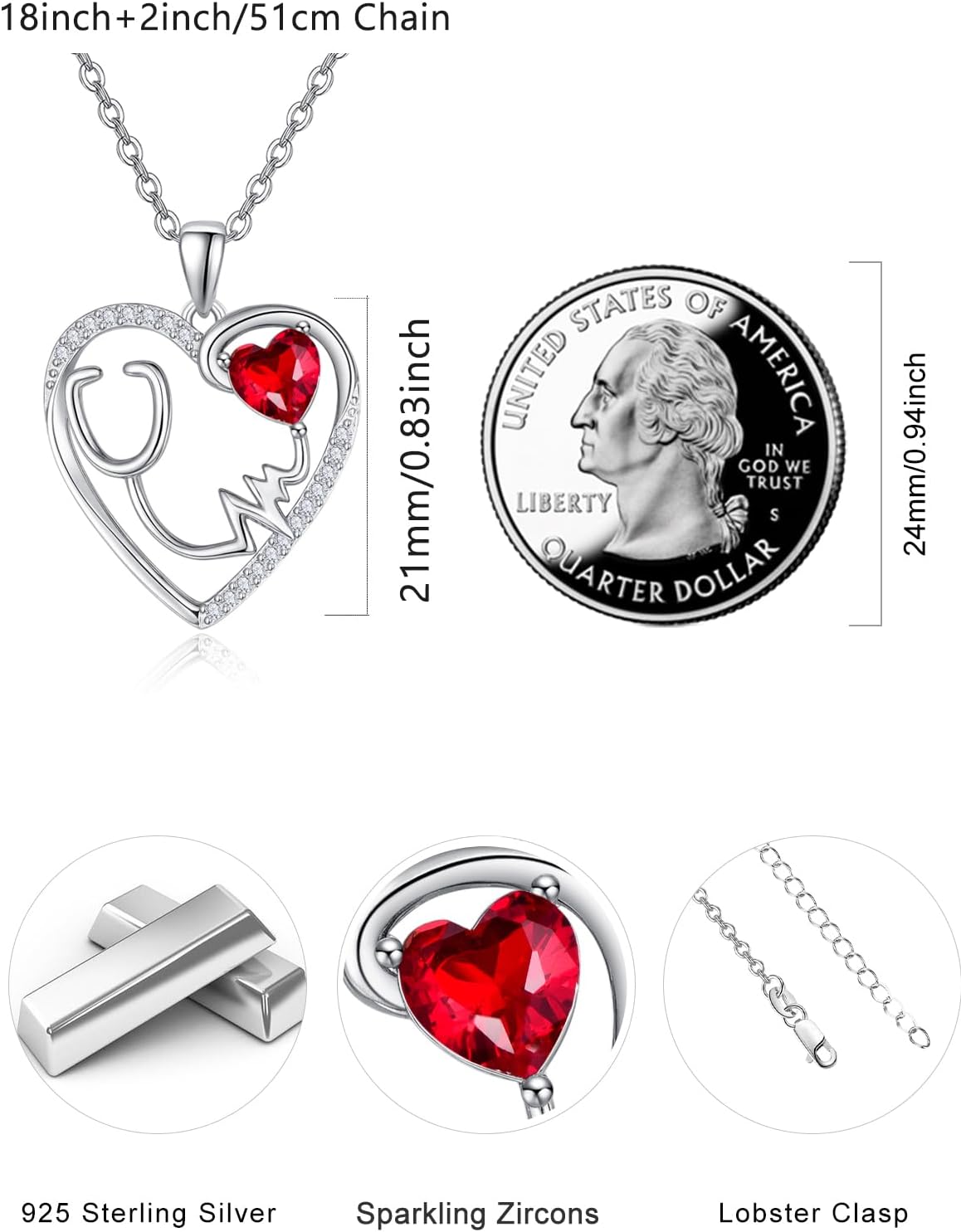 TANGPOET Stethoscope Caduceus Heart Pendant Necklace Jewelry for Women Nurse 925 Sterling Silver Appreciation Graduation Gifts for Doctors RN Medical Students with 18"+2" Chain