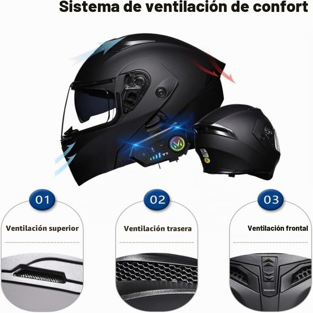 Casco Modular de Moto con Bluetooth e intercomunicador, homologado por la ECE y la Dot, con Apertura integrada y Doble Visera para Hombre y Mujer. H,L=59-60cm