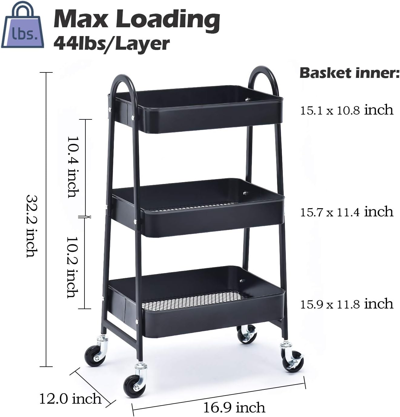 3-Tier Utility Rolling Cart with Large Storage and Metal Wheels for Office,Kitchen,Bedroom,Bathroom,Black 130839 : Office Products