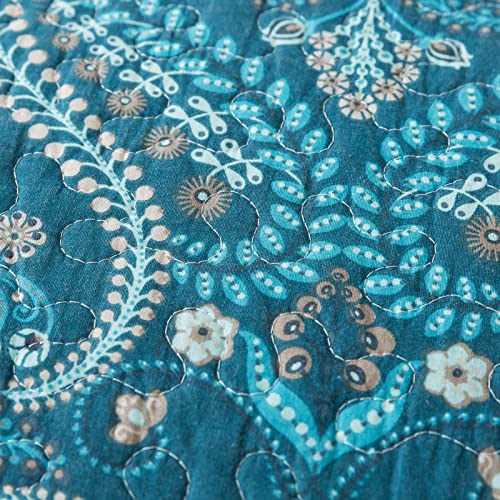 NEWLAKE Cotton Bedspread Quilt Sets-Reversible Patchwork Coverlet Set, Turquoise Classic Royal Pattern, Queen Size