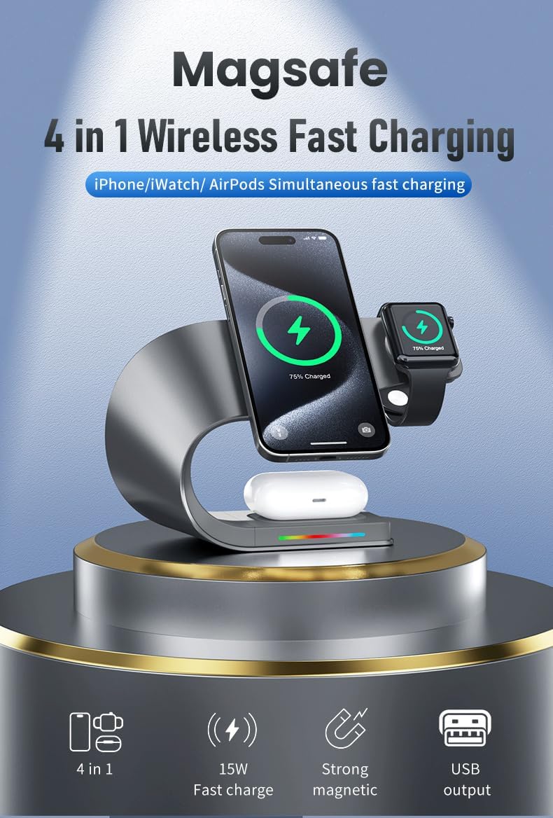 Qi2 Wireless Charger, 3 in 1 Fast Charging Station for iPhone 15/14/13/12, Apple Watch, AirPods, 15W Magnetic Foldable Charging Dock, Portable Wireless Charger Stand for Home, Office, Travel
