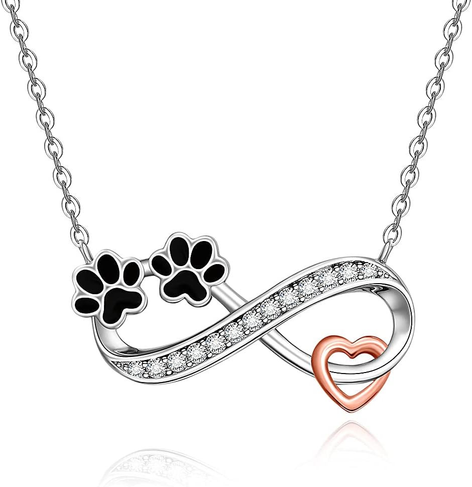 Dog Cat Paw Print Necklace for Women Sterling Silver Infinity Necklaces Memorial Gifts Black Puppy Paw Heart Crystal Pendant