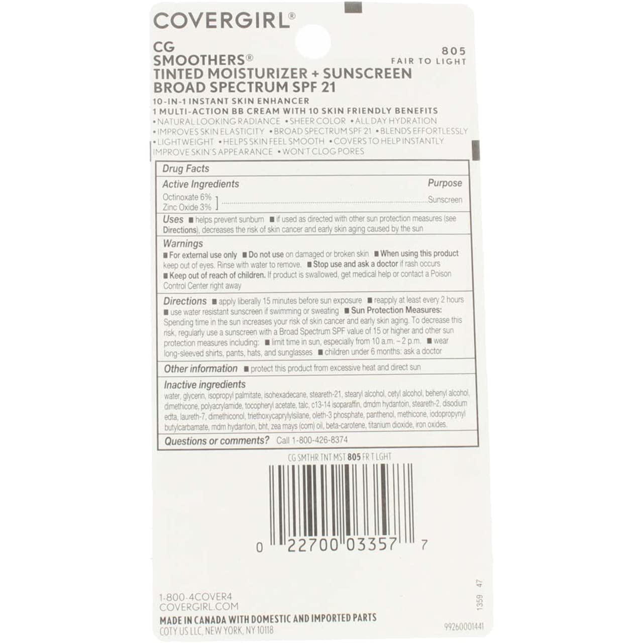 CoverGirl Smoothers SPF 21 Tinted Coverage, Fair to Light [805], 1.35 oz (Pack of 5)