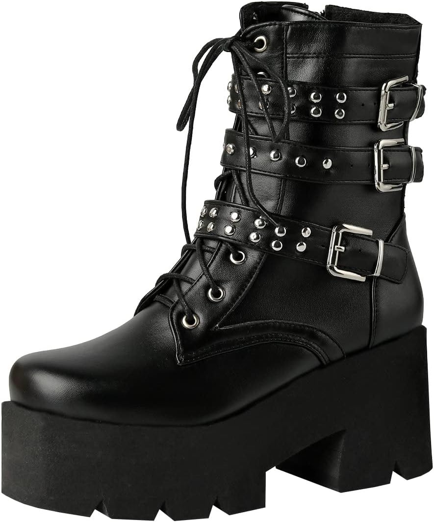 Trendenzy Womens Lace Up Chunky Heel Ankle Boots Goth Platform Combat Booties