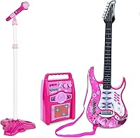 Vista 1 de Set de micrófono y guitarra de karaoke para niños Willbebest - Guitarra eléctrica con amplificador de micrófono para niños y niñas (Rosa)