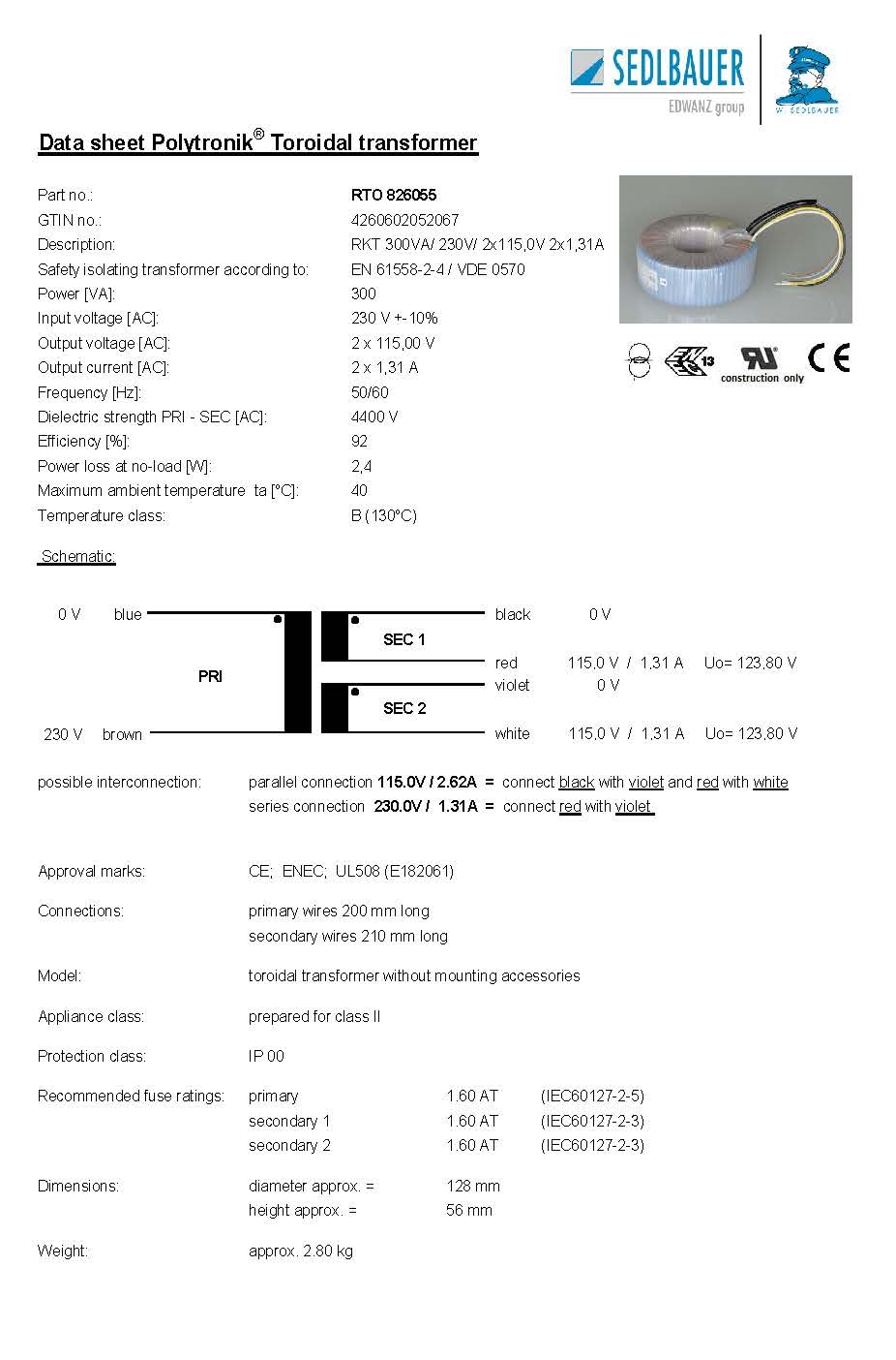 826055 Polytronik Basic Ringkerntransformator 300 VA - Eingang 230 V - Ausgang 2 x 115 V, 230 V - 2 x 1,31 A