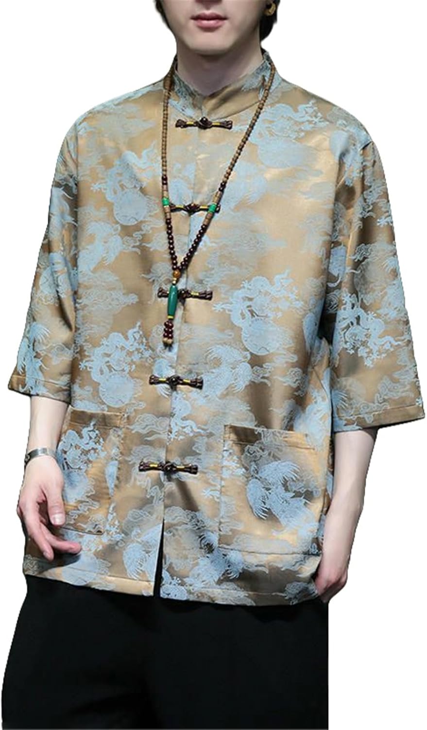 Men's Summer Chinese Style Tang Suit Ice Silk Jacquard Short Sleeve Shirt