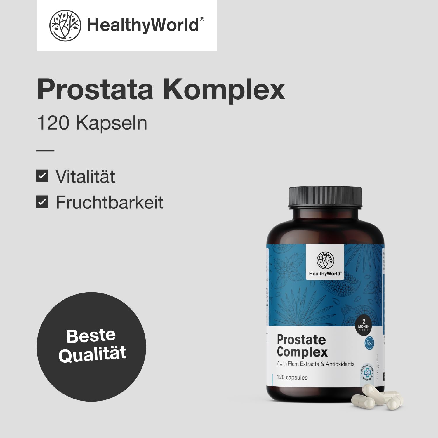 HealthyWorld® Prostata Komplex - Für Männer - 120 pflanzliche Kapseln - Mit Kürbiskernen, Granatapfel, Brennnessel, Sägepalme, Vitamin E, Zink und Selen - Unterstützung der Prostata