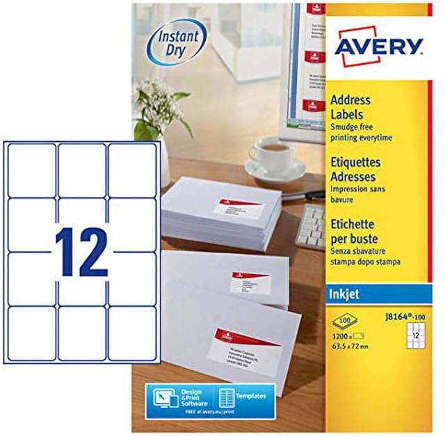 Avery Self Adhesive Address Mailing Labels, Inkjet Printers, 12 Labels per A4 Sheet, 1200 labels, QuickDRY (J8164), White