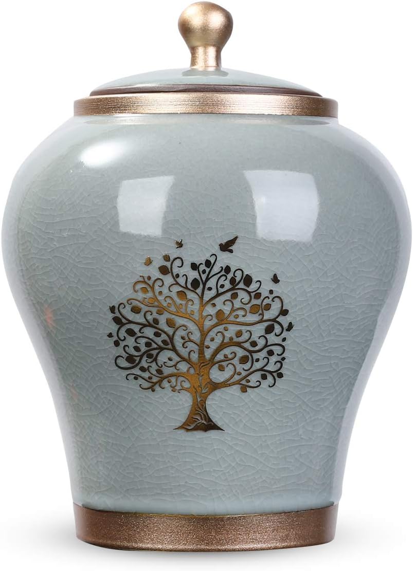 Medium Urn for Human Ashes - 6'' Handicrafted Tree of Life Cremation Urn - Beautiful Keepsake Urns - Funeral Urn Made of Ceramic - Hold 60 Cubic inches Human or Pet Ashes (Cyan)