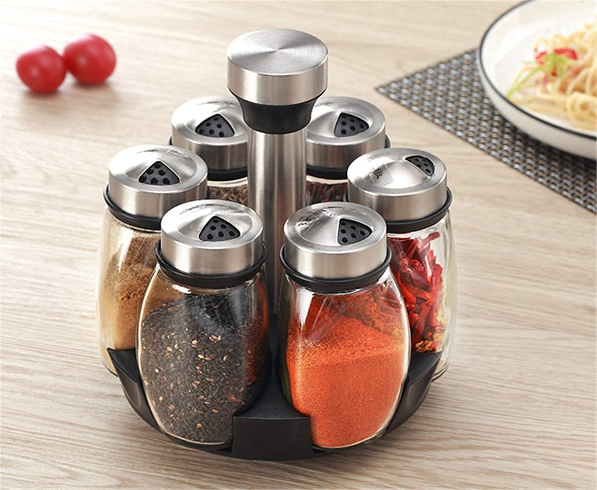 CARROUSEL A SPICES, Spice Display, Rotating Spice Display with Support And 6 Glass Bottles, Spice Holder, Stand-Alone Storage for The Kitchen