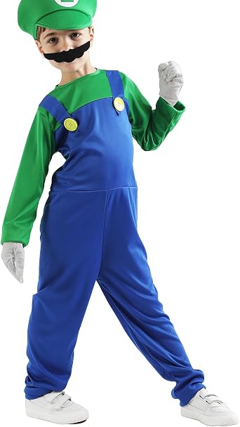 Aoibox Plumber Costume For Kids M&L Super Brothers Cosplay Boys Halloween Costumes Jumpsuit with Hat Mustache