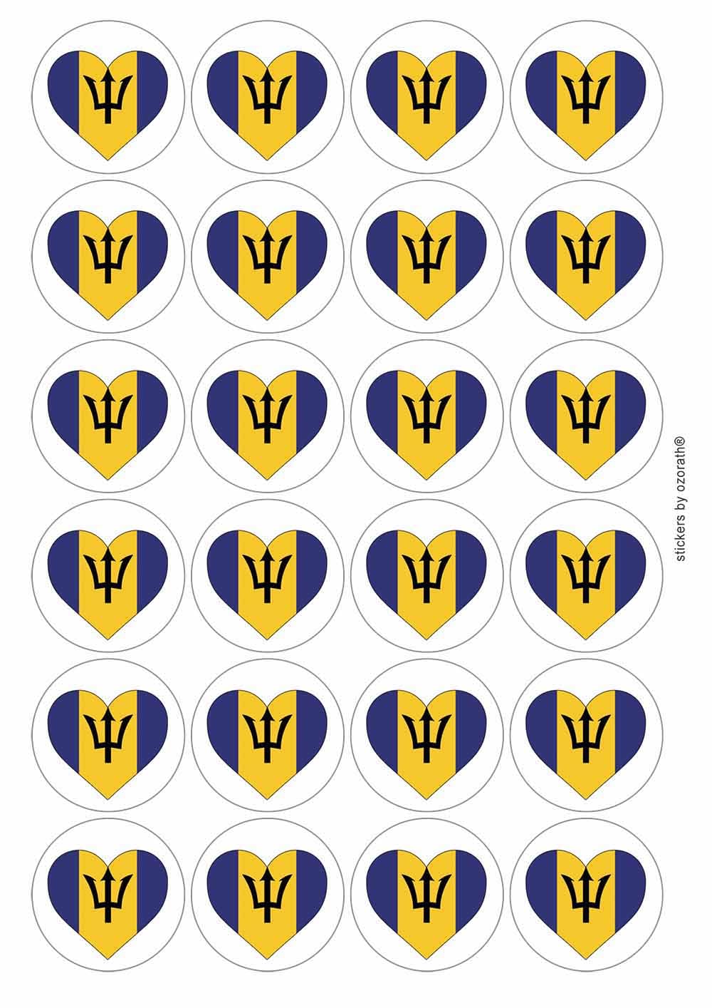 Barbados Barbadian National Flag Heart Circular Matt Paper Stickers A4 Sheet of 24 (Each Sticker is 45mm Diameter)