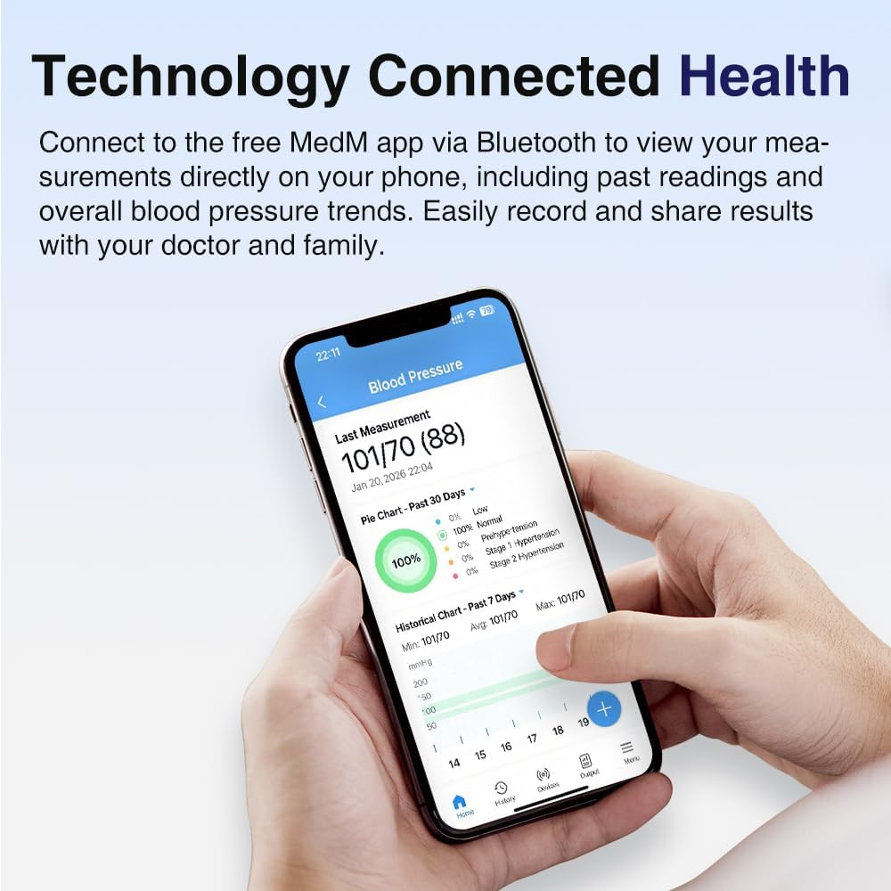 Digital Blood Pressure Monitor, Automatic Upper Arm BP Machine for Home Medical Use LED Backlight, Adjustable Settings, Bluetooth Connection Application