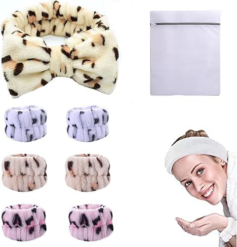 Juego de 7 bandas de baño de spa para muñecas, 6 toallas absorbentes para lavar la cara y maquillaje facial, diadema con bolsa de lavandería,