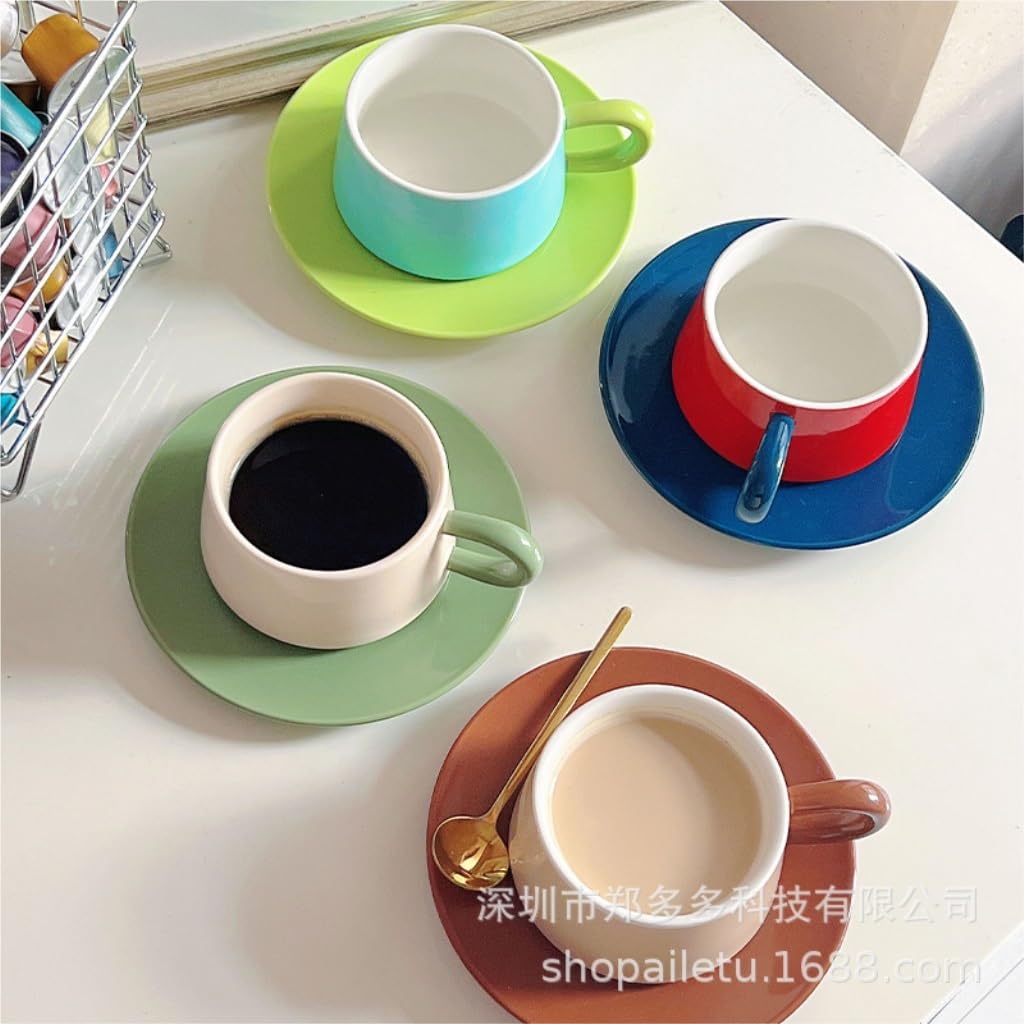 filiżanka do kawy, Ceramiczny zestaw filiżanek do kawy ze spodkiem i łyżeczką użytku domowego, wysokiej klasy herbaty, kubek(C)