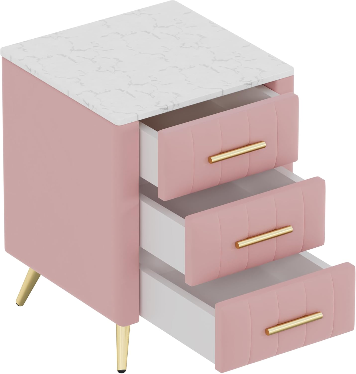 Flieks Upholstered Wooden Nightstand with 3 Drawers and Metal Legs&Handles,Fully Assembled Except Legs&Handles,Bedside Table with Marbling Worktop - Pink