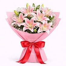 The FloralMart Fresh Flowers Bunch of 08 Pink Asiatic Lilies with Seasonal Fillers, for Birthday Gift, Anniversary Gift, Wedding Gift, Valentines Day Gift, (Same Day Delivery)