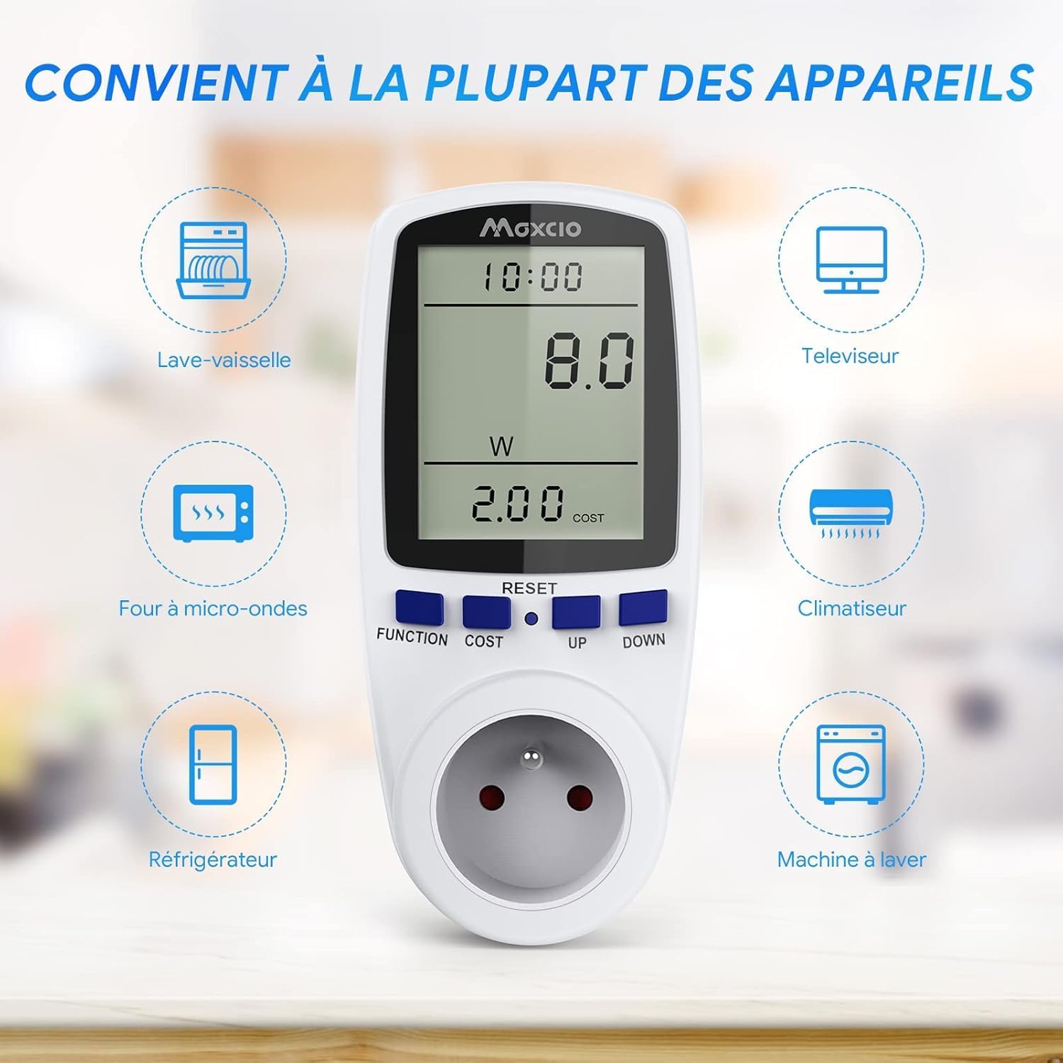 Maxcio Digital Energy Meter Plug connected to various appliances