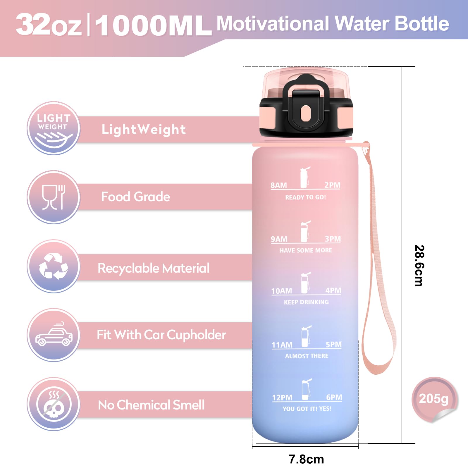 Borraccia 1L, Borraccia Sportiva con Marcatori Temporali, Borraccia con Cannuccia, Bottiglia Riutilizzabile, Bottiglia senza BPA, A Prova di Perdite, Borraccia Sport per Fitness, Scuola, Ufficio
