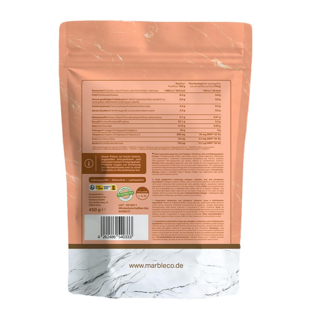 marble Poudre de collagène PRO 450 g – Poudre de collagène plus vitamine C, zinc & biotine – Peptides Skin Glow – Test sans risque pendant 60 jours – En bœuf de saule avec une solubilité parfaite