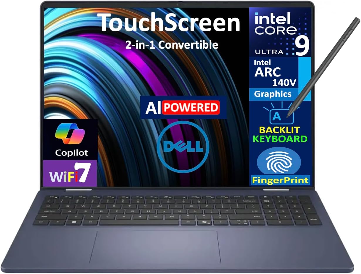 Dell 16 AI Powered 2-in-1 Laptop 16.0" Touchscreen Mini LED WQXGA Display (Intel Ultra 9-288V, 32GB LPDDR5X, 1TB SSD, Active Pen, Backlit KB, Fingerprint, Thunderbolt 4, WiFi 7, Webcam, Win 11 Home)