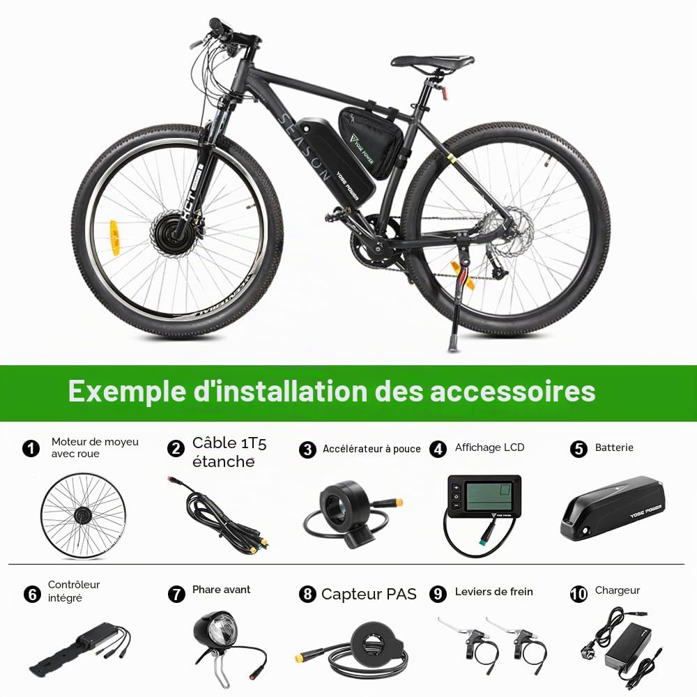 YOSE POWER Kit Ebike 36V250W Kit de Conversion de moyeu pour vélo électrique Avant 26 "avec Batterie Hailong 36V 18Ah Écran LCD Bricolage pour vélo électrique