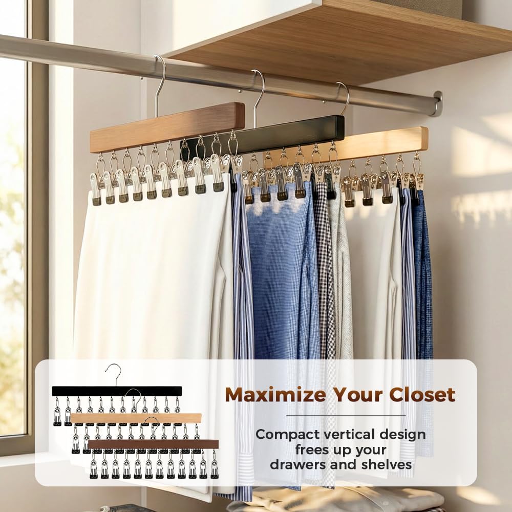 Closet Organizer with 10 Clips, Space Saving Hanging Organizer, Heavy-Duty Metal Frame, 360° Rotating Hook, Multi-Purpose Clothespins for Pants, Skirts, Scarves, Socks, Belts (Black-2pcs)